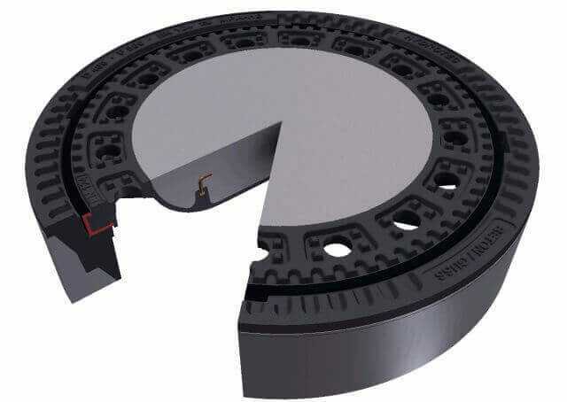 Die umlaufende Einlage aus Polyurethan, hier zur Verdeutlichung farblich gekennzeichnet, ist fest vergossen und unlösbar mit dem Deckel verbunden. | Abb.: Hydrotec Die umlaufende Einlage aus Polyurethan, hier zur Verdeutlichung farblich gekennzeichnet, ist fest vergossen und unlösbar mit dem Deckel verbunden. | Abb.: Hydrotec