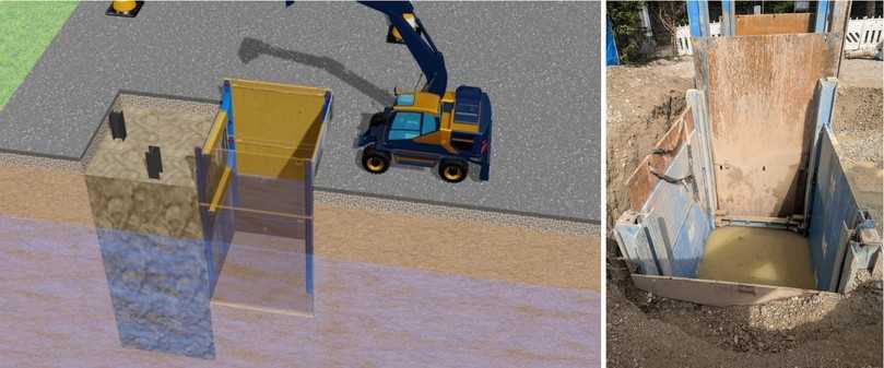 Herstellung der Baugrube mit Verbaubox und Bagger | Foto: Flüssigboden Engineering Herstellung der Baugrube mit Verbaubox und Bagger | Foto: Flüssigboden Engineering