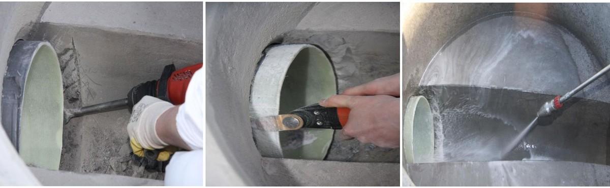 Links: Freistemmen der Anbindestelle, um ausreichend Platz für die Verklebung zu schaffen. Mitte: Entfernen der Folien auf dem Schlauchliner, um den Haftgrund zu gewährleisten. Rechts: Entfernen der Frässtäube mit dem Hochdruckreiniger. | Foto: Resinnovation