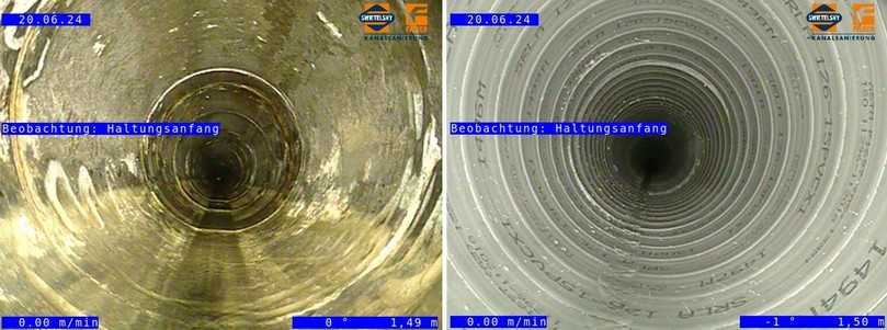 Die Betonrohrleitung DN 500 vor und nach den Sanierungsmaßnahmen mit der Wickelrohrtechnologie | Foto: Swietelsky-Faber GmbH Die Betonrohrleitung DN 500 vor und nach den Sanierungsmaßnahmen mit der Wickelrohrtechnologie | Foto: Swietelsky-Faber GmbH