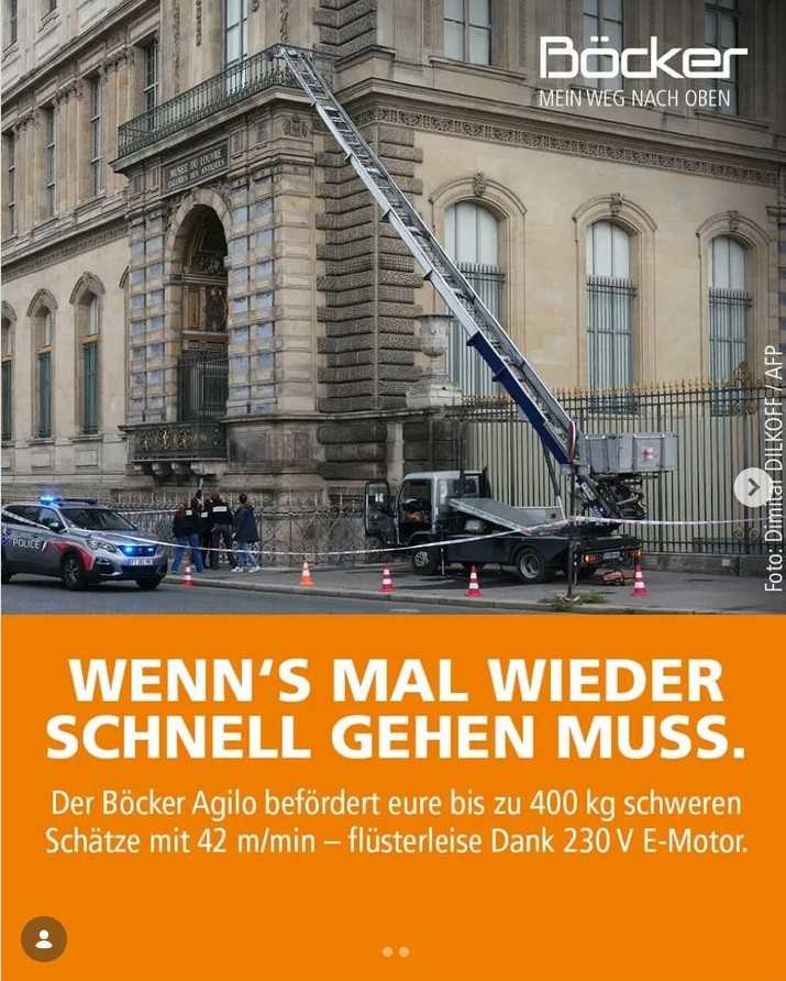Der Schrägaufzug von Agilo als unfreiwilliges Tatwerkzeug beim Juwelenraub im Louvre - für diese Kampagne erhielt Böcker jetzt den ADC-Award 2026. | Foto: Böcker Der Schrägaufzug von Agilo als unfreiwilliges Tatwerkzeug beim Juwelenraub im Louvre - für diese Kampagne erhielt Böcker jetzt den ADC-Award 2026. | Foto: Böcker