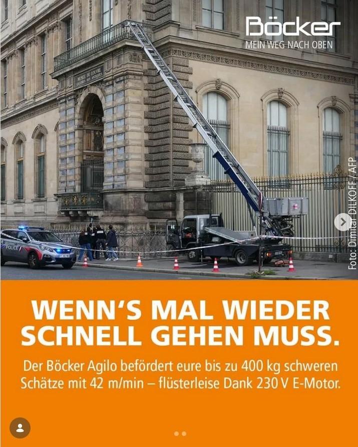 Der Schrägaufzug von Agilo als unfreiwilliges Tatwerkzeug beim Juwelenraub im Louvre - für diese Kampagne erhielt Böcker jetzt den ADC-Award 2026. | Foto: Böcker Der Schrägaufzug von Agilo als unfreiwilliges Tatwerkzeug beim Juwelenraub im Louvre - für diese Kampagne erhielt Böcker jetzt den ADC-Award 2026. | Foto: Böcker