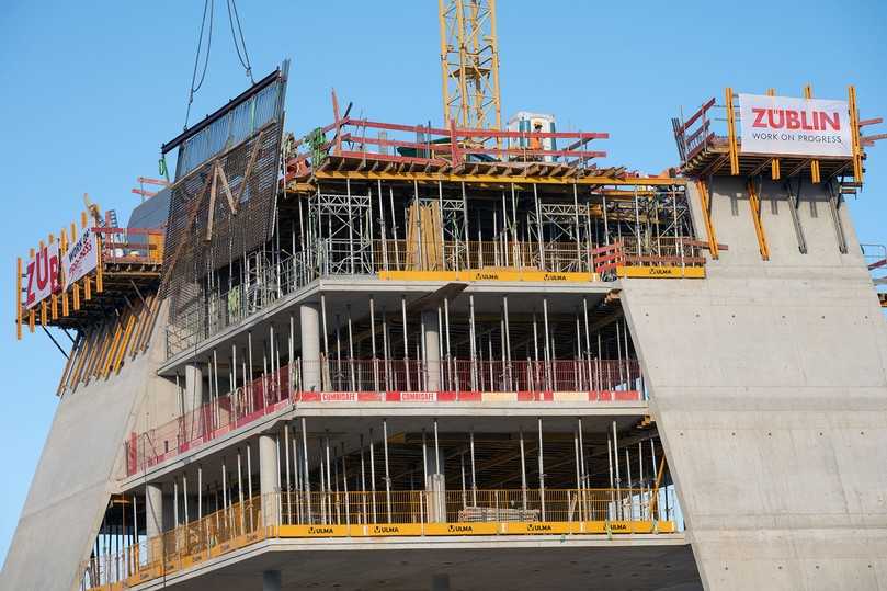 Die Decken des Häfele-Turms wurden mit Deckentischen MK realisiert. | Foto: Ulma Construction GmbH Die Decken des Häfele-Turms wurden mit Deckentischen MK realisiert. | Foto: Ulma Construction GmbH