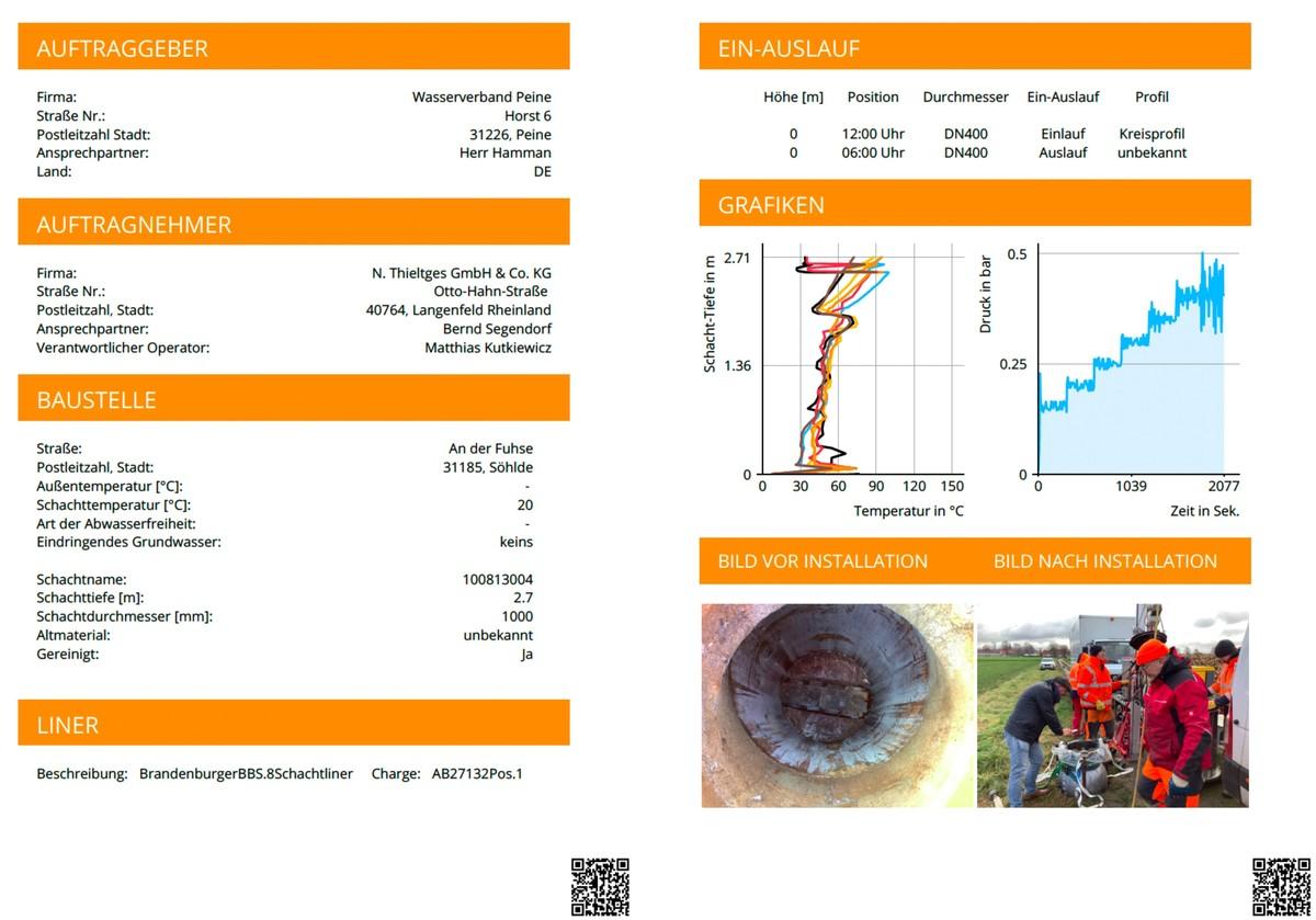 Beispiel eines Einbauberichtes für den Schachtliner - individuell angelegt in den Firmenfarben des Dienstleisters, hier der Firma N. Thieltges GmbH & Co. KG | Foto: Wasserverband Peine Beispiel eines Einbauberichtes für den Schachtliner - individuell angelegt in den Firmenfarben des Dienstleisters, hier der Firma N. Thieltges GmbH & Co. KG | Foto: Wasserverband Peine