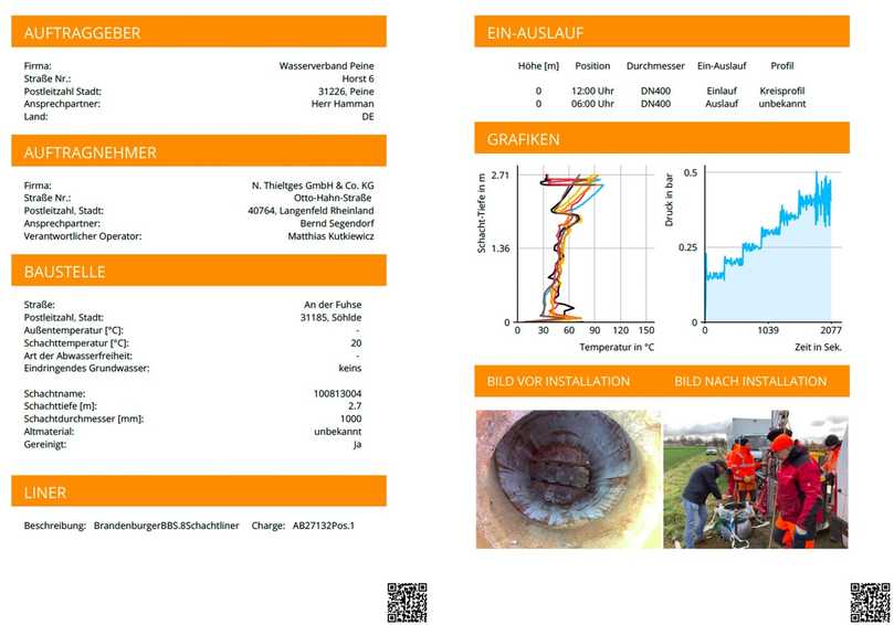 Beispiel eines Einbauberichtes für den Schachtliner - individuell angelegt in den Firmenfarben des Dienstleisters, hier der Firma N. Thieltges GmbH & Co. KG | Foto: Wasserverband Peine Beispiel eines Einbauberichtes für den Schachtliner - individuell angelegt in den Firmenfarben des Dienstleisters, hier der Firma N. Thieltges GmbH & Co. KG | Foto: Wasserverband Peine