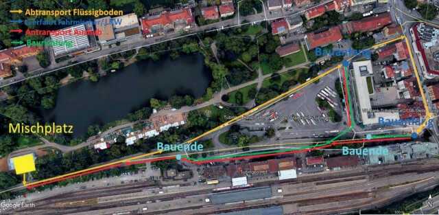 Lageplan und Logistik auf der Baustelle am Europaplatz. Der Flüssigboden wird vor Ort hergestellt. | Foto: FiFB Leipzig