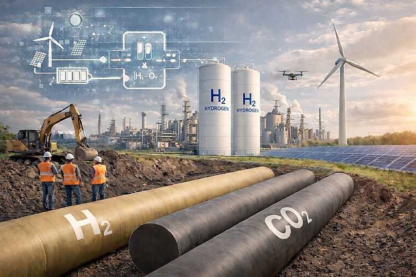 In der Gesamtschau zeichnet das 38. Oldenburger Rohrleitungsforum ein konsistentes, technisch fundiertes und praxisnahes Bild einer zukunftsfähigen Gasinfrastruktur unter veränderten Rahmenbedingungen. Ergänzend zum Aufbau eines Wasserstoff-Kernnetzes wird auch der Aufbau von CO₂-Transportnetzen thematisiert. | Foto: iro/KI-generierte Illustration