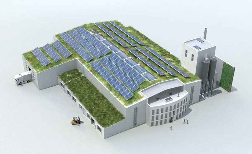 Konzeptansicht mit Dachbegrünung und PV-Anlagen | Foto: Hydrotec Technologies