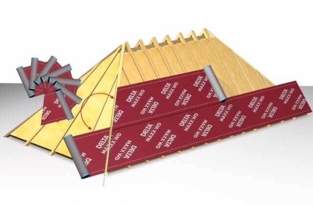 Gewusst wie: Durch die Klebestreifen unter beiden Bahnenrändern können schräg angeschnittene Abschnitte einfach um 180 Grad gedreht und ohne Materialverlust sofort weitergearbeitet werden. | Fotos: Dörken GmbH & Co. KG Gewusst wie: Durch die Klebestreifen unter beiden Bahnenrändern können schräg angeschnittene Abschnitte einfach um 180 Grad gedreht und ohne Materialverlust sofort weitergearbeitet werden. | Fotos: Dörken GmbH & Co. KG