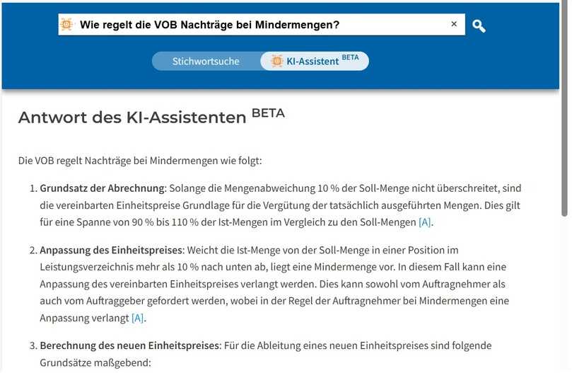 Ein Beispiel zeigt, wie der KI-Assistent zum Thema VOB und Nachträge antwortet. | Foto: f:data Ein Beispiel zeigt, wie der KI-Assistent zum Thema VOB und Nachträge antwortet. | Foto: f:data