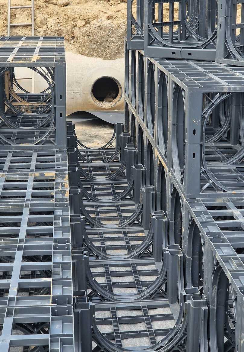 D-Raintank 3000-Anlagen können mit Spülrohren ausgestattet werden. Halbschalenelemente wie hier im Bild ermöglichen die einfache Montage des Spülrohres. | Foto: Funke Kunststoffe GmbH