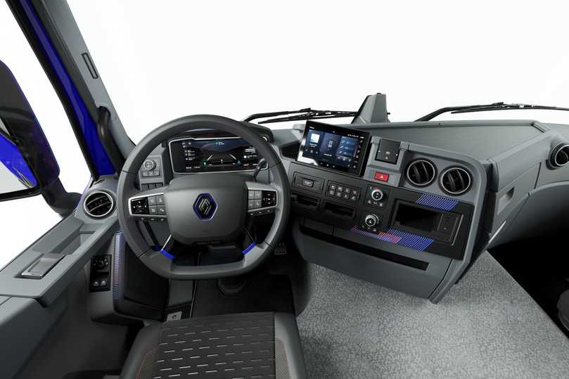 Renault Trucks E-Tech C: Das Armaturenbrett der E-Tech-Modelle überzeugt nicht nur durch neue Digitalinstrumente, sondern auch mit blauen und roten Akzenten im Innendesign. | Foto: Renault Trucks Renault Trucks E-Tech C: Das Armaturenbrett der E-Tech-Modelle überzeugt nicht nur durch neue Digitalinstrumente, sondern auch mit blauen und roten Akzenten im Innendesign. | Foto: Renault Trucks