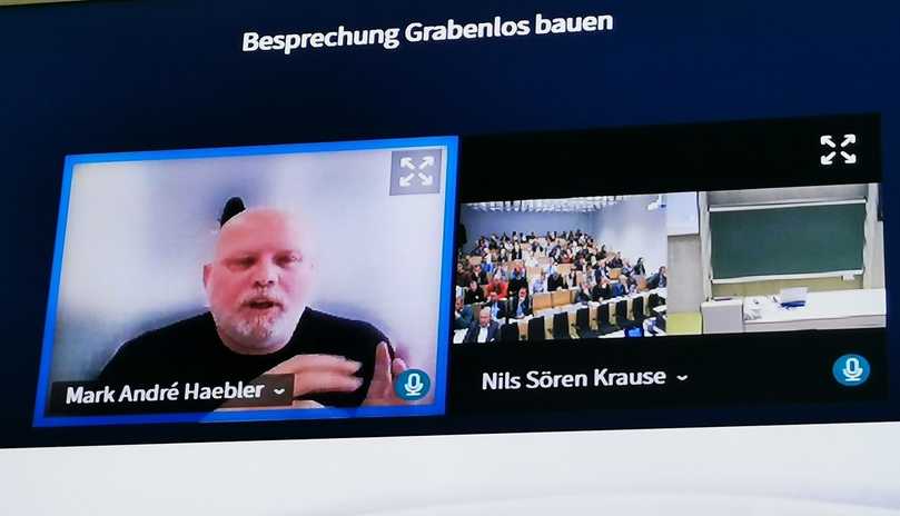 Bedingt durch mehrere Krankheitsfälle in der Firma wurde der Vortrag „Quick-Lock-Edelstahlmanschetten – grabenlose Reparatur in hoher Qualität“ von Mark André Haebler, Fa. Uhrig Kanaltechnik GmbH und Vice Chairman der ÖGL (unseres österreichischen Schwesterverbandes), online in den Hörsaal übertragen. | Foto: GSTT Bedingt durch mehrere Krankheitsfälle in der Firma wurde der Vortrag „Quick-Lock-Edelstahlmanschetten – grabenlose Reparatur in hoher Qualität“ von Mark André Haebler, Fa. Uhrig Kanaltechnik GmbH und Vice Chairman der ÖGL (unseres österreichischen Schwesterverbandes), online in den Hörsaal übertragen. | Foto: GSTT