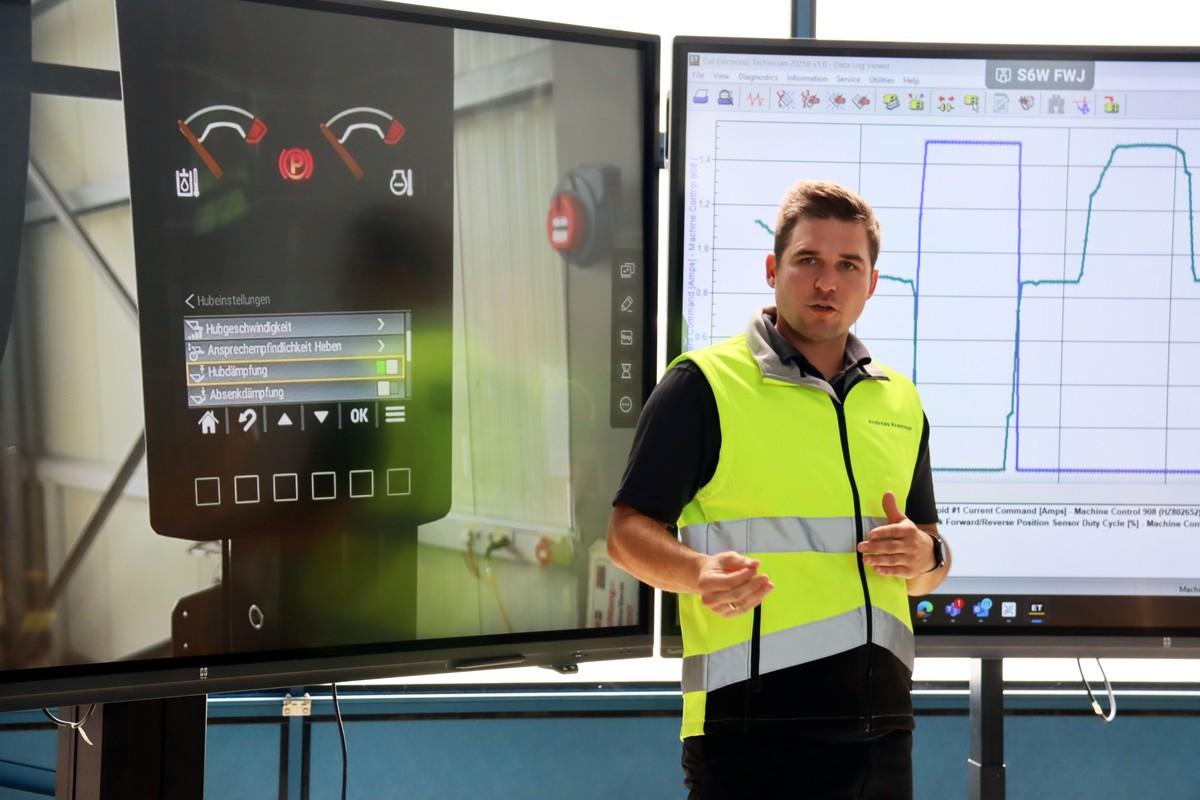 Im laufenden Betrieb wurde an einem Cat-Radlader 908 die Einstellung der elektronischen Endlagendämpfung vorgeführt. | Foto: Zeppelin Im laufenden Betrieb wurde an einem Cat-Radlader 908 die Einstellung der elektronischen Endlagendämpfung vorgeführt. | Foto: Zeppelin