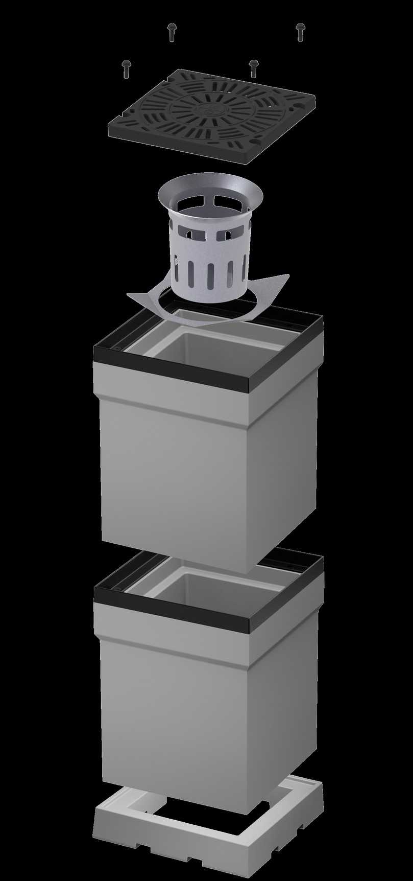 Den gesamten Systembaukasten auf einen Blick: Sockel- und Aufstockelement, Kontrollschacht mit Schlammeimer sowie der Gussrost mit 4-fach Verschraubung. | Foto: BG-Graspointner Den gesamten Systembaukasten auf einen Blick: Sockel- und Aufstockelement, Kontrollschacht mit Schlammeimer sowie der Gussrost mit 4-fach Verschraubung. | Foto: BG-Graspointner