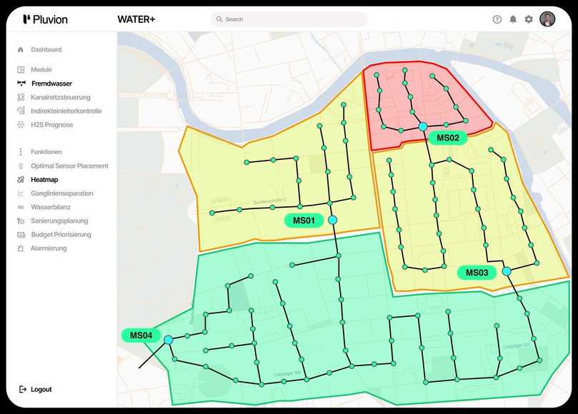 Abbildung 2: Heatmap zur Fremdwasserlokalisierung | Foto: Pluvion Abbildung 2: Heatmap zur Fremdwasserlokalisierung | Foto: Pluvion