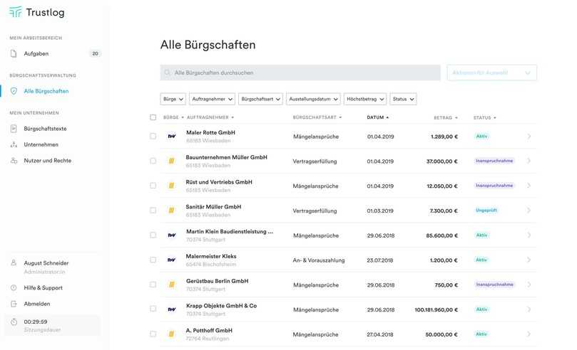 Im Dashboard von Trustlog ist der Status jeder Bürgschaft einsehbar. | Foto: Trustlog Im Dashboard von Trustlog ist der Status jeder Bürgschaft einsehbar. | Foto: Trustlog