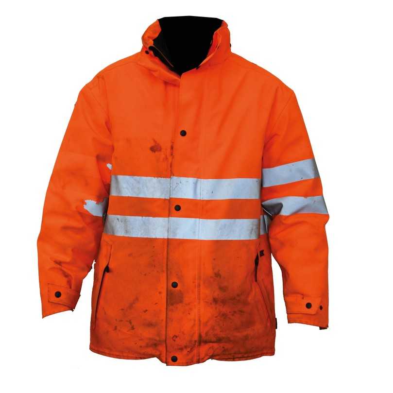 Aufgrund abgelöster Reflexstreifen und der Verschmutzung durch Öl- und Grafitstaubablagerung gewährleistet diese Warnschutzjacke weder die in der EN 20471 geforderte Nachtsichtbarkeit noch die Tagsichtbarkeit. | Foto: Kübler Aufgrund abgelöster Reflexstreifen und der Verschmutzung durch Öl- und Grafitstaubablagerung gewährleistet diese Warnschutzjacke weder die in der EN 20471 geforderte Nachtsichtbarkeit noch die Tagsichtbarkeit. | Foto: Kübler