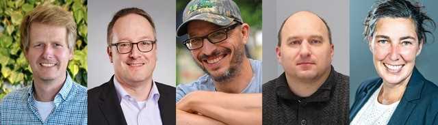 Die Jury (v.l.n.r.): Björn Anders Lützen – Lohnunternehmen ; Stefan Vogel – Greenkeepers Journal; Johannes Hädicke – KommunalTechnik; Markus Messerer – Agrartechnik; Ebba Stoffregen – B_I galabau | Foto: Beckmann Verlag (2x)/Köllen Druck+Verlag/dlv Deutscher Landwirtschaftsverlag/B_I Medien