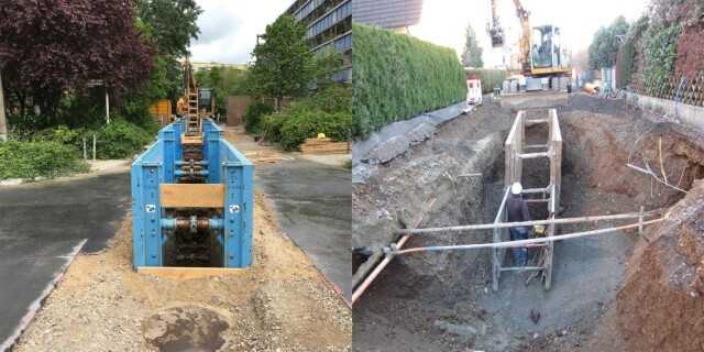 Entspricht die Bauausführung den allgemein anerkannten Regeln der Technik? Ein nicht fachgerecht eingestellter Verbau (r.) hat Einfluss auf das Gleichgewicht des umliegenden Erdreiches und kann zum Beispiel zu Setzungen führen, welche die angrenzende Bebauung erheblich schädigen kann.