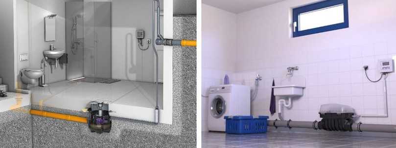 Die richtige Rückstauschutz-Lösung am richtigen Ort: Hebeanlagen werden im Neubau meist in einem Technikraum im Keller frei aufgestellt oder in die Bodenplatte verbaut (Bild links). Auch Rückstauverschlüsse können in WU-Beton oder in eine freiliegende Abwasserleitung (Bild rechts) eingebaut werden. | Foto: Kessel Die richtige Rückstauschutz-Lösung am richtigen Ort: Hebeanlagen werden im Neubau meist in einem Technikraum im Keller frei aufgestellt oder in die Bodenplatte verbaut (Bild links). Auch Rückstauverschlüsse können in WU-Beton oder in eine freiliegende Abwasserleitung (Bild rechts) eingebaut werden. | Foto: Kessel