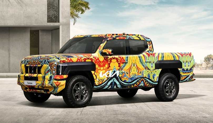 Der kunterbunte Kia Tasman mit australischen Kunstmotiven trat als Vorserienmodell zur Premiere auf. | Foto: Kia Der kunterbunte Kia Tasman mit australischen Kunstmotiven trat als Vorserienmodell zur Premiere auf. | Foto: Kia