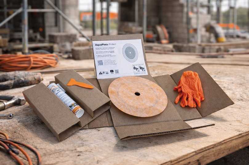 Das Montageset "AquaPlate Protect": Mechanische Belastungen an der Armatur werden über die Platte auf eine breite Fläche verteilt, punktuelle Spannungsrisse im Putz werden so vermieden. | Foto: Adhera Das Montageset "AquaPlate Protect": Mechanische Belastungen an der Armatur werden über die Platte auf eine breite Fläche verteilt, punktuelle Spannungsrisse im Putz werden so vermieden. | Foto: Adhera