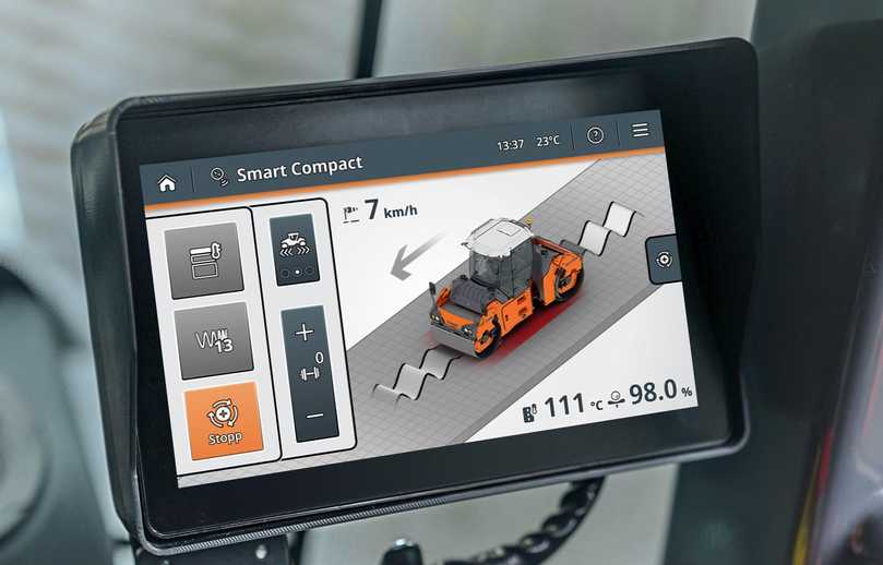 Integration der Echtzeit-Dichte in Hamm Smart Compact: Die automatische Regelung der Verdichtungskraft und -modi auf Basis der Echtzeit-Dichte (im Display unten rechts in %) bietet entscheidende Vorteile bei der Beurteilung der Verdichtungsqualität. | Foto: Hamm AG Integration der Echtzeit-Dichte in Hamm Smart Compact: Die automatische Regelung der Verdichtungskraft und -modi auf Basis der Echtzeit-Dichte (im Display unten rechts in %) bietet entscheidende Vorteile bei der Beurteilung der Verdichtungsqualität. | Foto: Hamm AG