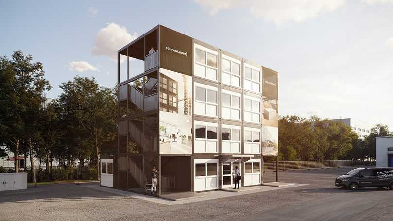 So wird die Messeanlage von ELA Container auf der bauma 2025 aussehen. ELA Container sind vierfach stapelbar und bieten damit viel Raum auch auf begrenzter Grundfläche. | Foto: Ela Container