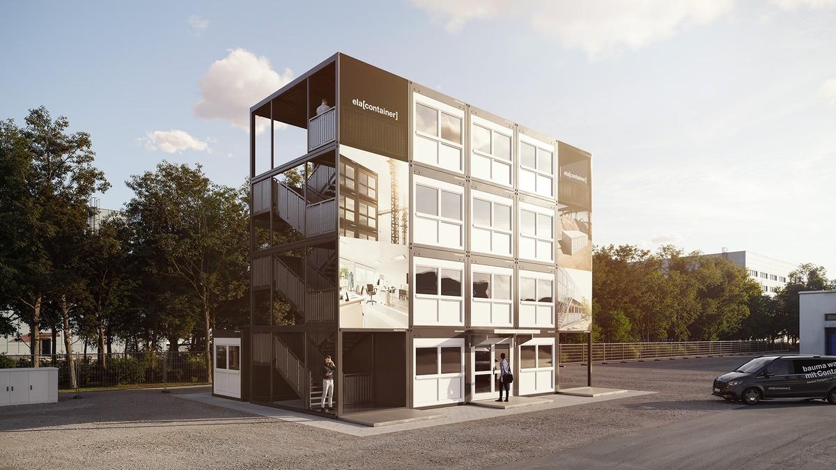 So wird die Messeanlage von ELA Container auf der bauma 2025 aussehen. ELA Container sind vierfach stapelbar und bieten damit viel Raum auch auf begrenzter Grundfläche. | Foto: Ela Container