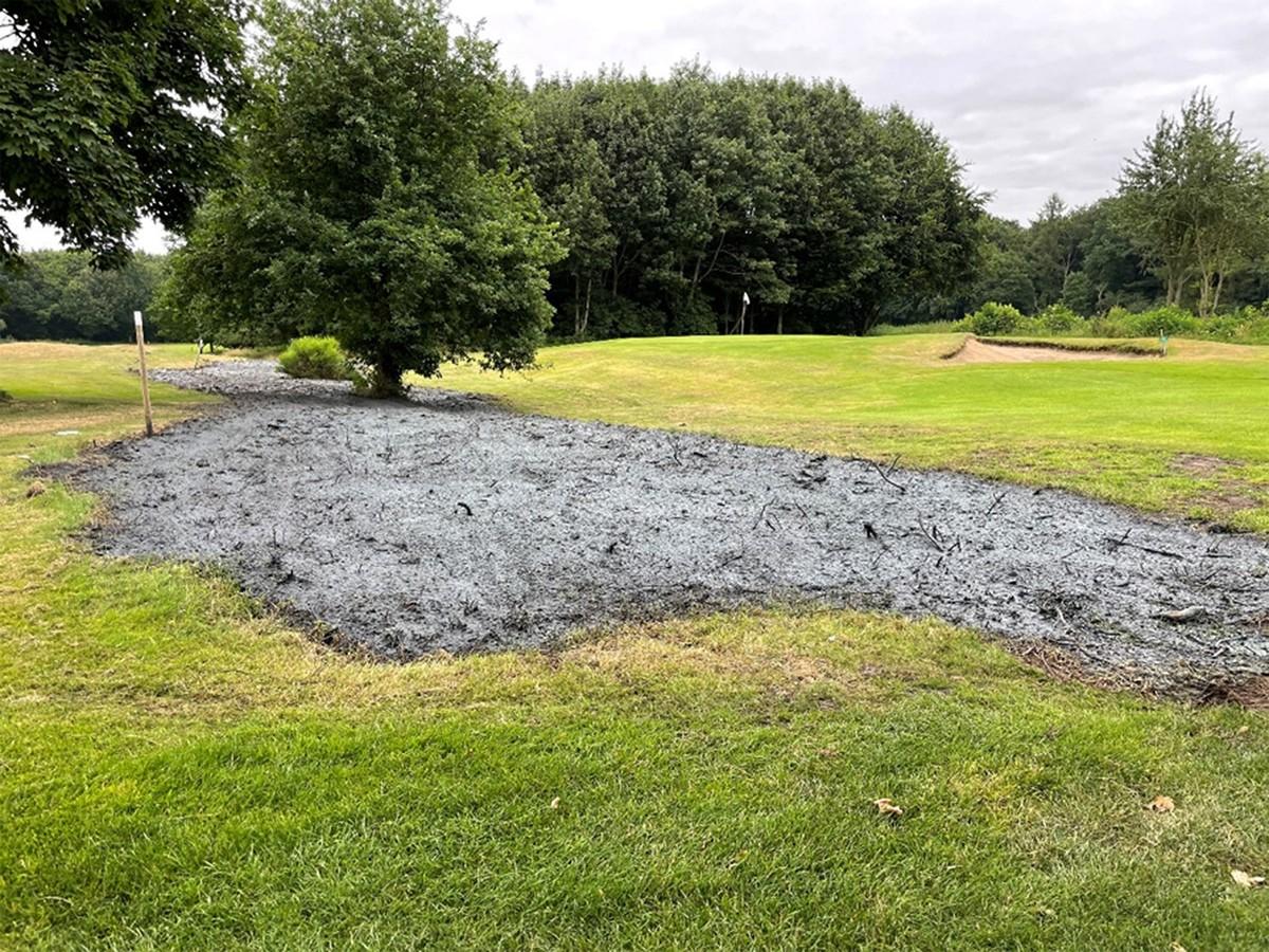 Frisch mit SpeedyMulch Pellets und Saatgut bespritzte Fläche.