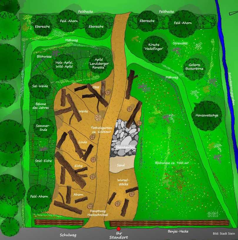 Übersichtsplan vom Steiner Totholzgarten. | Foto: Stadt Stein Übersichtsplan vom Steiner Totholzgarten. | Foto: Stadt Stein