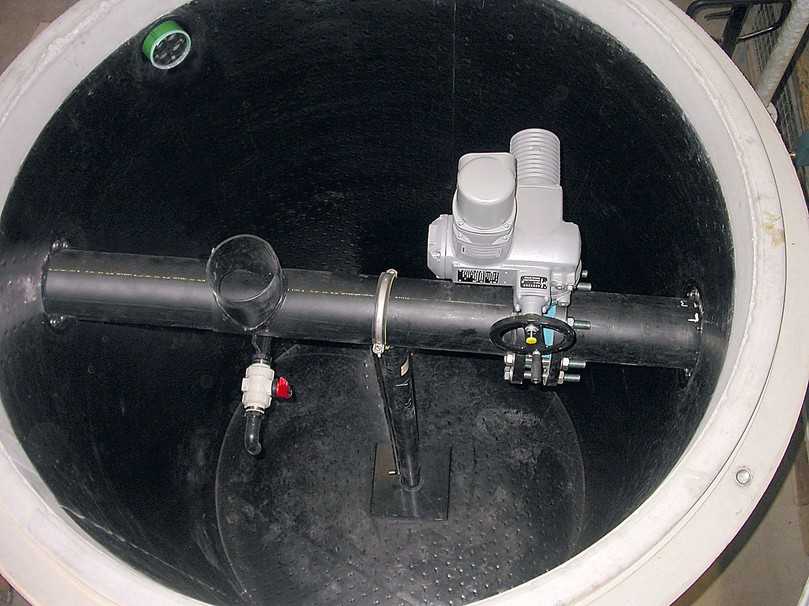 Der Blick ins Sicherheitsauffangbecken NeutraSab zeigt Durchverrohrung, Absperrklappe mit Schwenkantrieb und Überlaufstutzen. | Foto: Mall Der Blick ins Sicherheitsauffangbecken NeutraSab zeigt Durchverrohrung, Absperrklappe mit Schwenkantrieb und Überlaufstutzen. | Foto: Mall