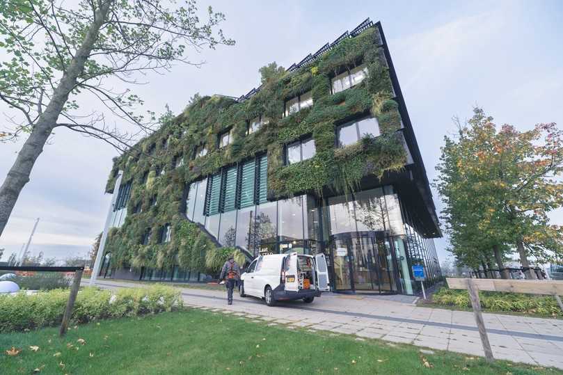 Viermal jährlich werden mit einer Hebebühne die begrünten Fassaden durch die Spezialisten der Ginkel Groep gewartet. | Foto: Stihl