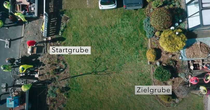 Die Bohrung für den Glasfaseranschluss verläuft vom Gehweg aus unter dem Rasen bis zur Terrasse vorm Haus. | Foto: Tracto-Technik Die Bohrung für den Glasfaseranschluss verläuft vom Gehweg aus unter dem Rasen bis zur Terrasse vorm Haus. | Foto: Tracto-Technik