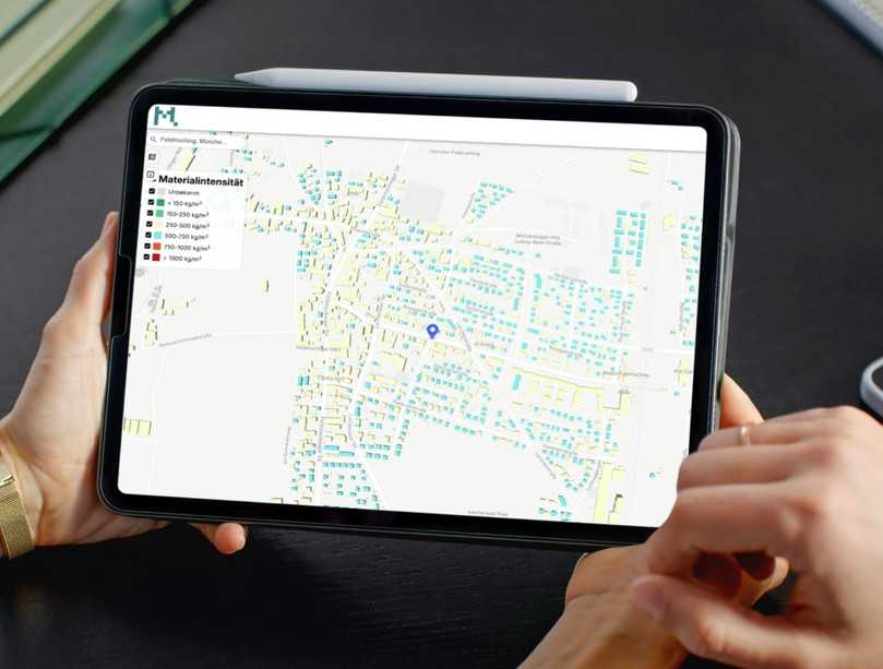Als digitales Flächenerfassungstool ermöglicht der Urban Mining Screener eine schnelle Abschätzung der verbauten Materialien für Gebäude, Portfolios und ganze Städte. | Foto: Madaster Germany