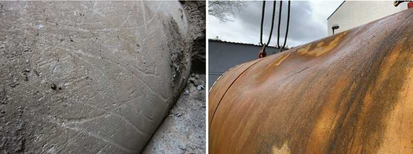 Abbildung 11: Links: Abrollspuren kleinerer Steine, rechts: unbemerkte Beschädigungen am Maschinenrohr | Foto: Ing.-Büro Dr. Uffmann Abbildung 11: Links: Abrollspuren kleinerer Steine, rechts: unbemerkte Beschädigungen am Maschinenrohr | Foto: Ing.-Büro Dr. Uffmann