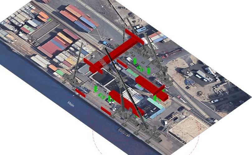 Die Kranexperten simulierten CAD-gestützt die Gegebenheiten vor Ort und planten so das komplette Hebekonzept - inklusive des benötigten Platzes für die Teile des Portalkrans (rot). | Foto: BKL
