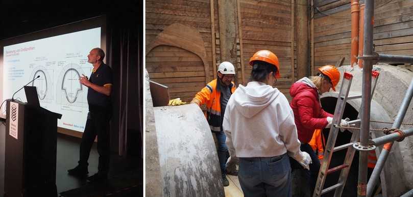 Erst Theorie, dann Praxis auf der Baustelle: Roland Baum stellte den Teilnehmern die Sanierung des Großprofiles Otto-Petersen-Straße/Heinrichstraße mit vorgefertigten Elementen aus Polymerbeton vor. | Foto: Stadtentwässerungsbetrieb Düsseldorf