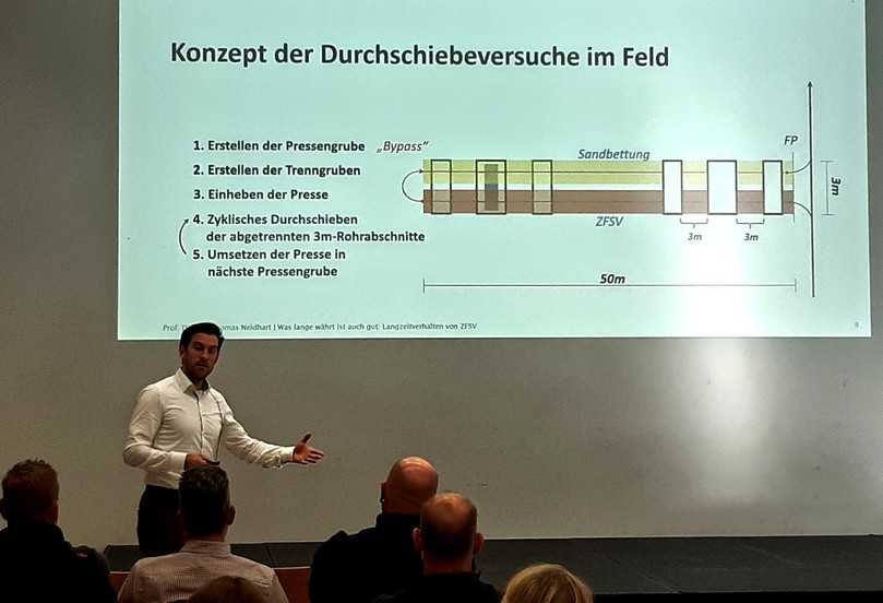 Michael Ried von der Ostbayerische Technische Hochschule Regensburg erläutert die Langzeitstudien mit Flüssigboden aus dem Fernwärme-Forschungsprojekt der AGFW. | Foto: Dr.-Ing. Bernd Wagner (AGFW)