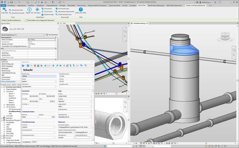 BaSYS Plan Interface für Revit: 3D-Detaildarstellung Schacht mit BaSYS-Info der Stammdaten und Revit Eigenschaften, 3D-Abbildung aller Fachbereiche, Vorlage zur Rohrdetaildarstellung | Foto: Barthauer Software BaSYS Plan Interface für Revit: 3D-Detaildarstellung Schacht mit BaSYS-Info der Stammdaten und Revit Eigenschaften, 3D-Abbildung aller Fachbereiche, Vorlage zur Rohrdetaildarstellung | Foto: Barthauer Software