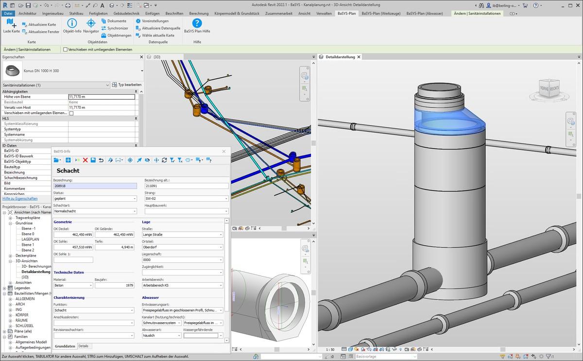 BaSYS Plan Interface für Revit: 3D-Detaildarstellung Schacht mit BaSYS-Info der Stammdaten und Revit Eigenschaften, 3D-Abbildung aller Fachbereiche, Vorlage zur Rohrdetaildarstellung | Foto: Barthauer Software BaSYS Plan Interface für Revit: 3D-Detaildarstellung Schacht mit BaSYS-Info der Stammdaten und Revit Eigenschaften, 3D-Abbildung aller Fachbereiche, Vorlage zur Rohrdetaildarstellung | Foto: Barthauer Software