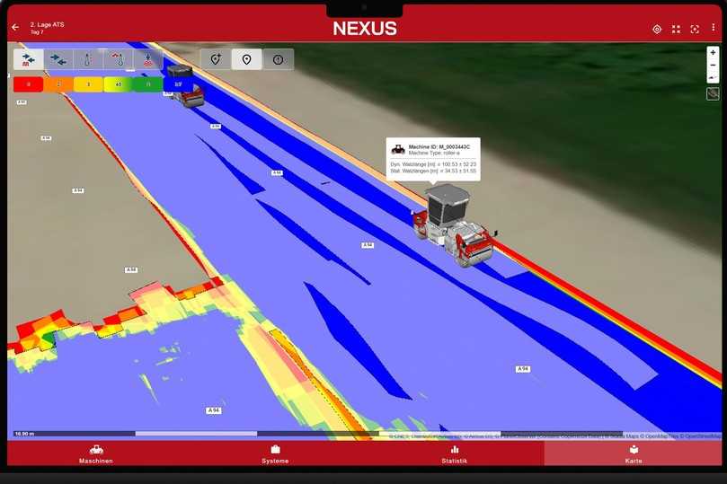 "Nexus" erfasst Verdichtungs-, Temperatur- und Maschinendaten in Echtzeit und dokumentiert den Bauprozess lückenlos. | Foto: Dynapac