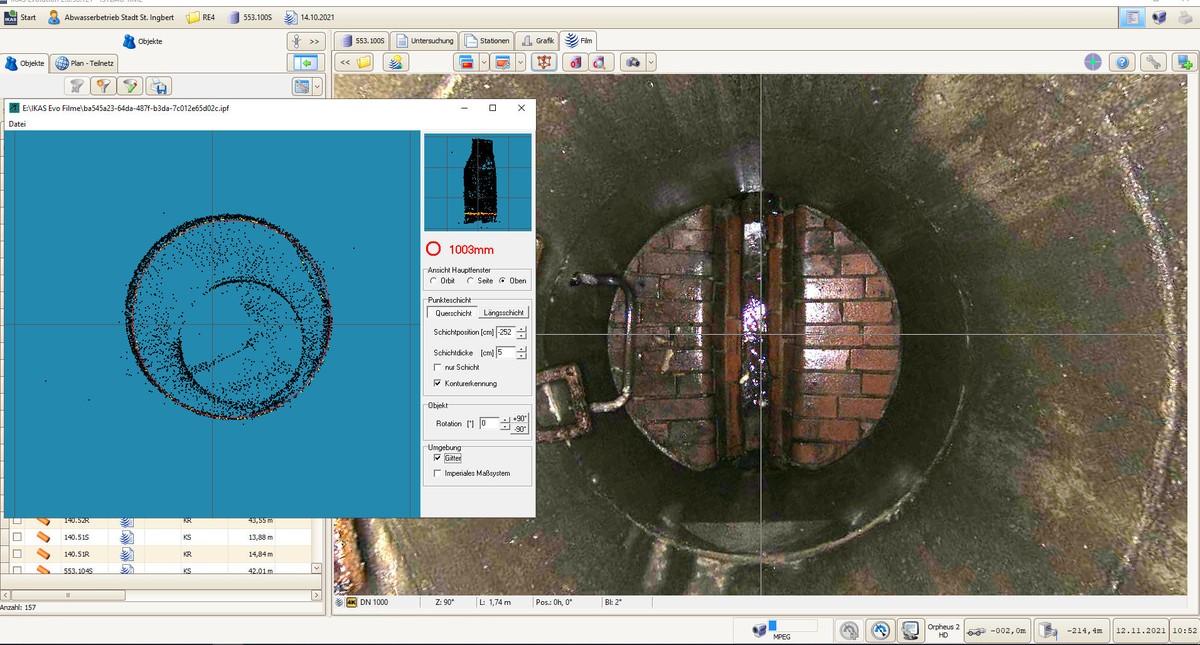 Lückenloser Schachtscan mit der Panoramo SI 4K, Ansicht der Software IKAS evolution: Punktwolke mit automatischer Konturerkennung. Der Durchmesser der Kreiskontur beträgt 1003 mm (rot angegeben), die betreffende Querschichtposition ist innerhalb der Punktewolke gelb dargestellt. | Foto: IBAK