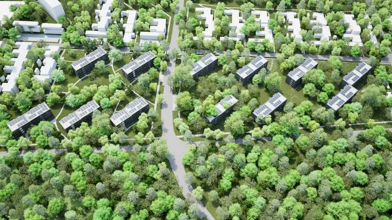 Die Luftaufnahme zeigt das Ausmaß des Projekts in Hagen-Helfe: Zwölf Wohngebäude mit 192 Wohnungen werden hier energetisch auf den KfW-Effizienzhausstandard 55 gebracht. | Foto: Ecoworks