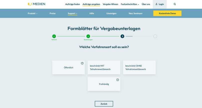 Nur drei Schritte, und der kostenlose VHB-Wizard spuckt die für das jeweilige Vergabeverfahren relevanten Formblätter aus. | Foto: B_I MEDIEN Nur drei Schritte, und der kostenlose VHB-Wizard spuckt die für das jeweilige Vergabeverfahren relevanten Formblätter aus. | Foto: B_I MEDIEN