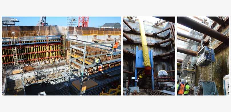 Von links: Blick von oben auf den Startschacht in Wewelsfleth, Blick im Startschacht auf den ElbX-Tunneleingang mit Wasser- und Schlammschott, Blick aus dem Startschacht nach oben mit Baustellenfahrstuhl. | Foto: B_I/Saric