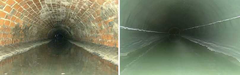 Die Haltung vor der Renovierung (l.) und danach (r.) | Foto: Geiger Kanalsanierung Die Haltung vor der Renovierung (l.) und danach (r.) | Foto: Geiger Kanalsanierung