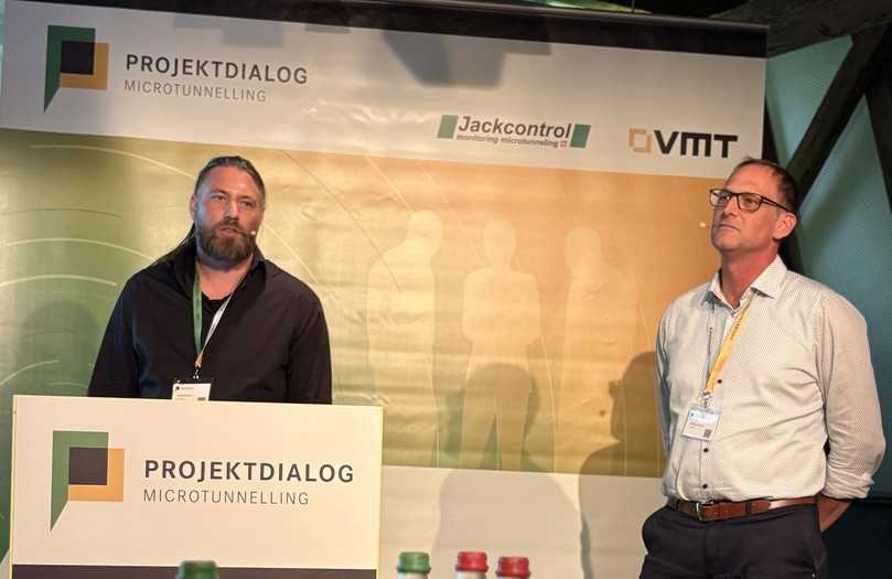 Matthias Ullmann von Max Bögl und Jonas Germann von der Go Bau AG schilderten, welche Folgen ein Dachsbau in Zürich auf die Vortriebsarbeiten hatte. | Foto: VMT GmbH Matthias Ullmann von Max Bögl und Jonas Germann von der Go Bau AG schilderten, welche Folgen ein Dachsbau in Zürich auf die Vortriebsarbeiten hatte. | Foto: VMT GmbH
