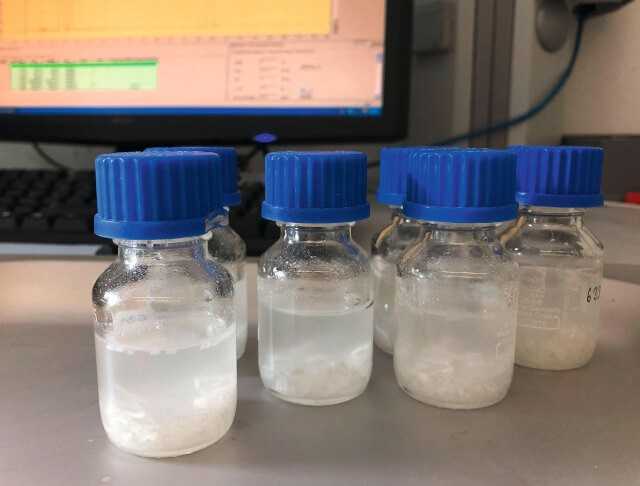 Um das Monomer zu extrahieren, wird die Probe zerkleinert und in Dichlormethan gelöst.